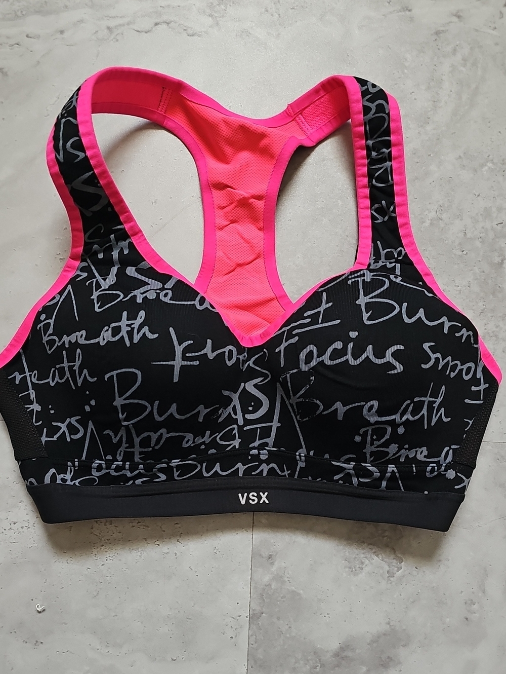 VSX Black Sports Bra with Hot Pink Trim and Script Print